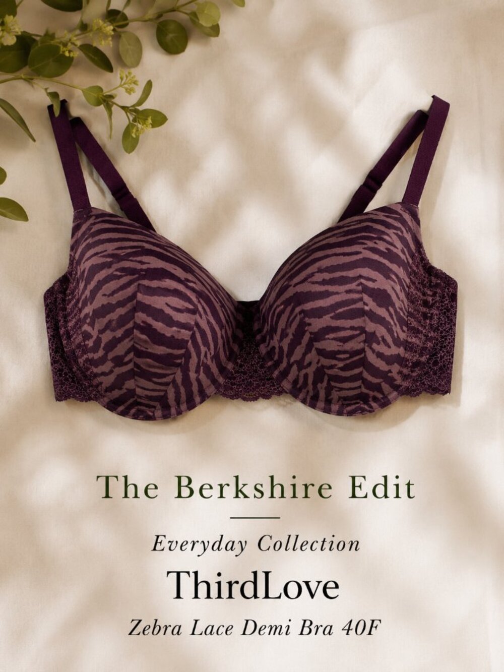 ThirdLove Zebra Print Lace Demi Bra 40F Burgundy Plum Underwire